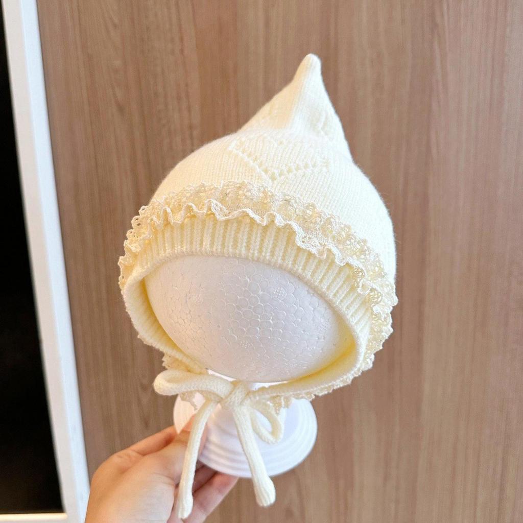 Winter Warm Newborn Fetal Hats Kids Tie Beanies Princess Lace Pointed Knitted Hat Toddler Soft Woolen Crochet Bonnet