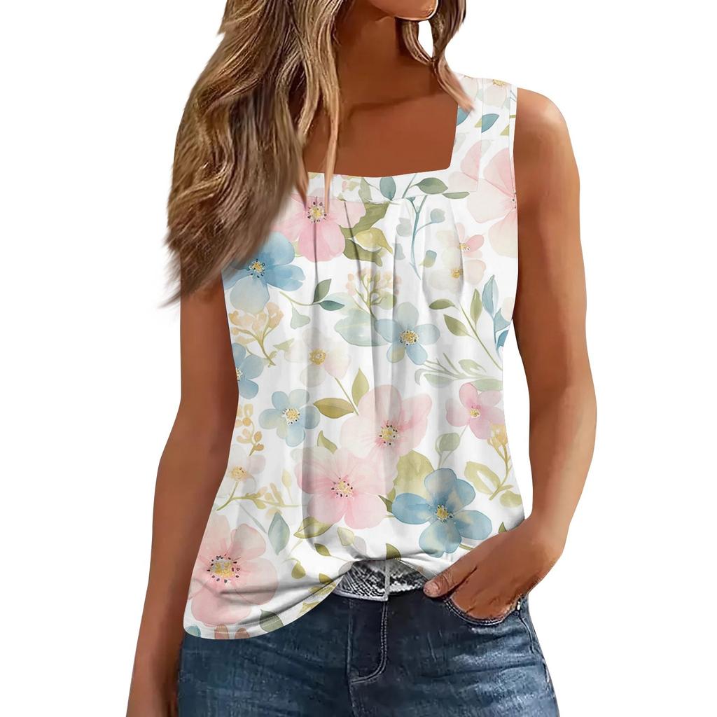 Women's Fashion Casual Pleated Square Collar Sleeveless Vest Print Summer T-shirt