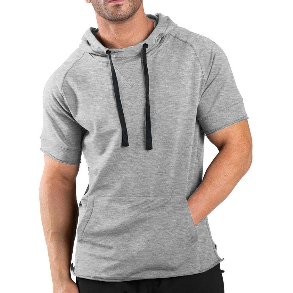 Men's Loose Fitting Pocket Casual Sports Hooded Short Sleeved T-Shirt