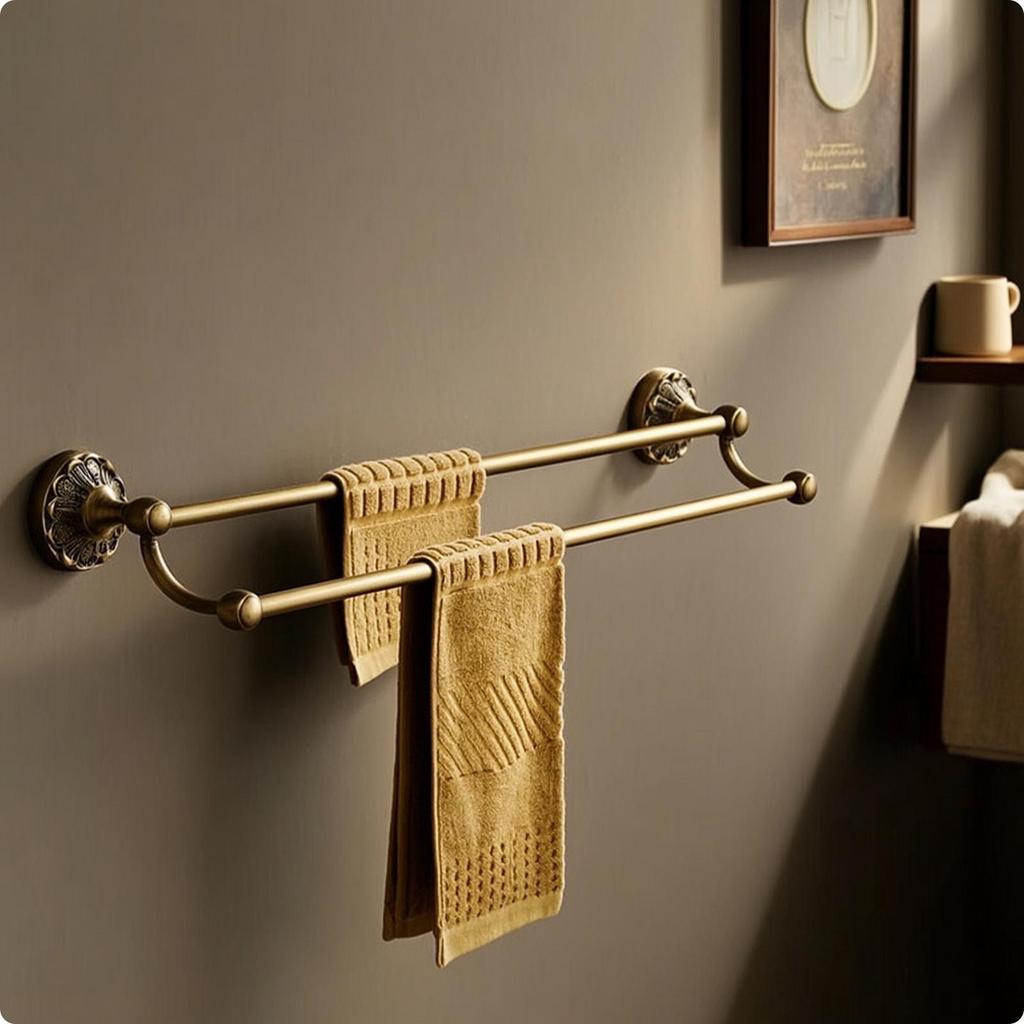 Double Towel Bar Brass Rack with Decorative Base Long-Lasting for Restroom