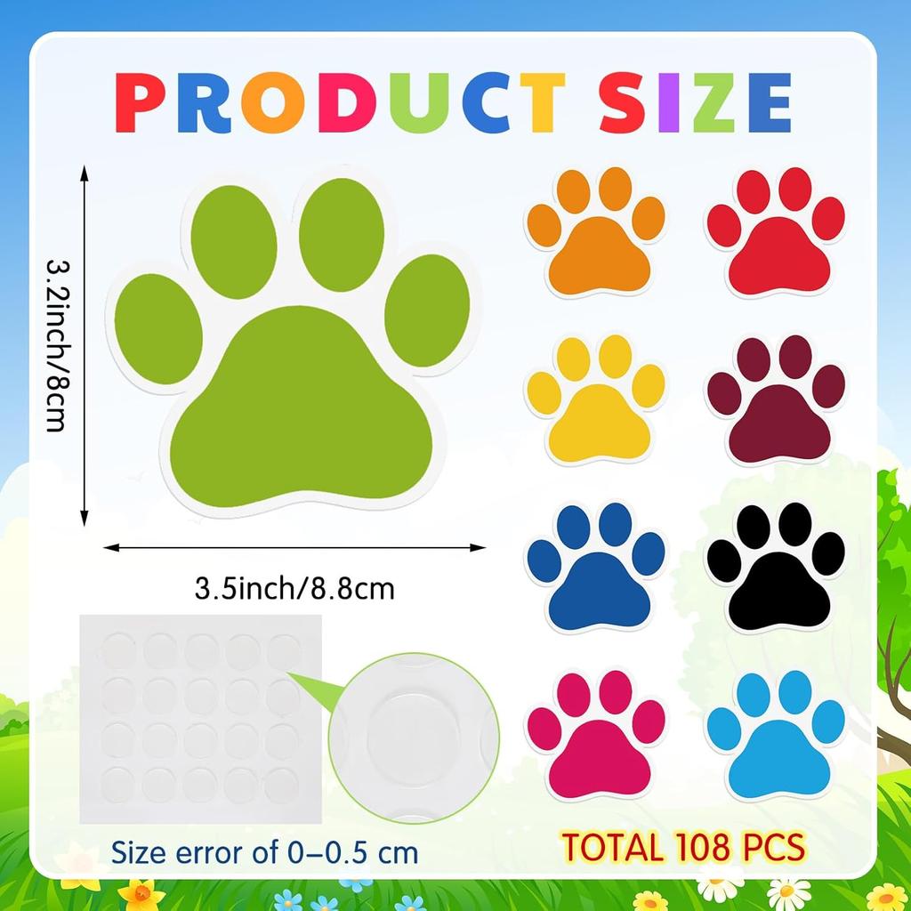 Geyee 108 Pcs Paw Prints Cutouts Paw Bulletin Board Decorations 3.5'' Mini Colorful Paper Cutouts for Educational Craft Wall Decor Party Favor