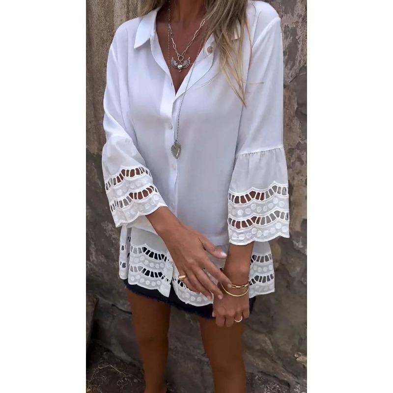 

Весна и осень женская лацкан с длинным рукавом модный дизайн кружево оборка свободная рубашка XXL