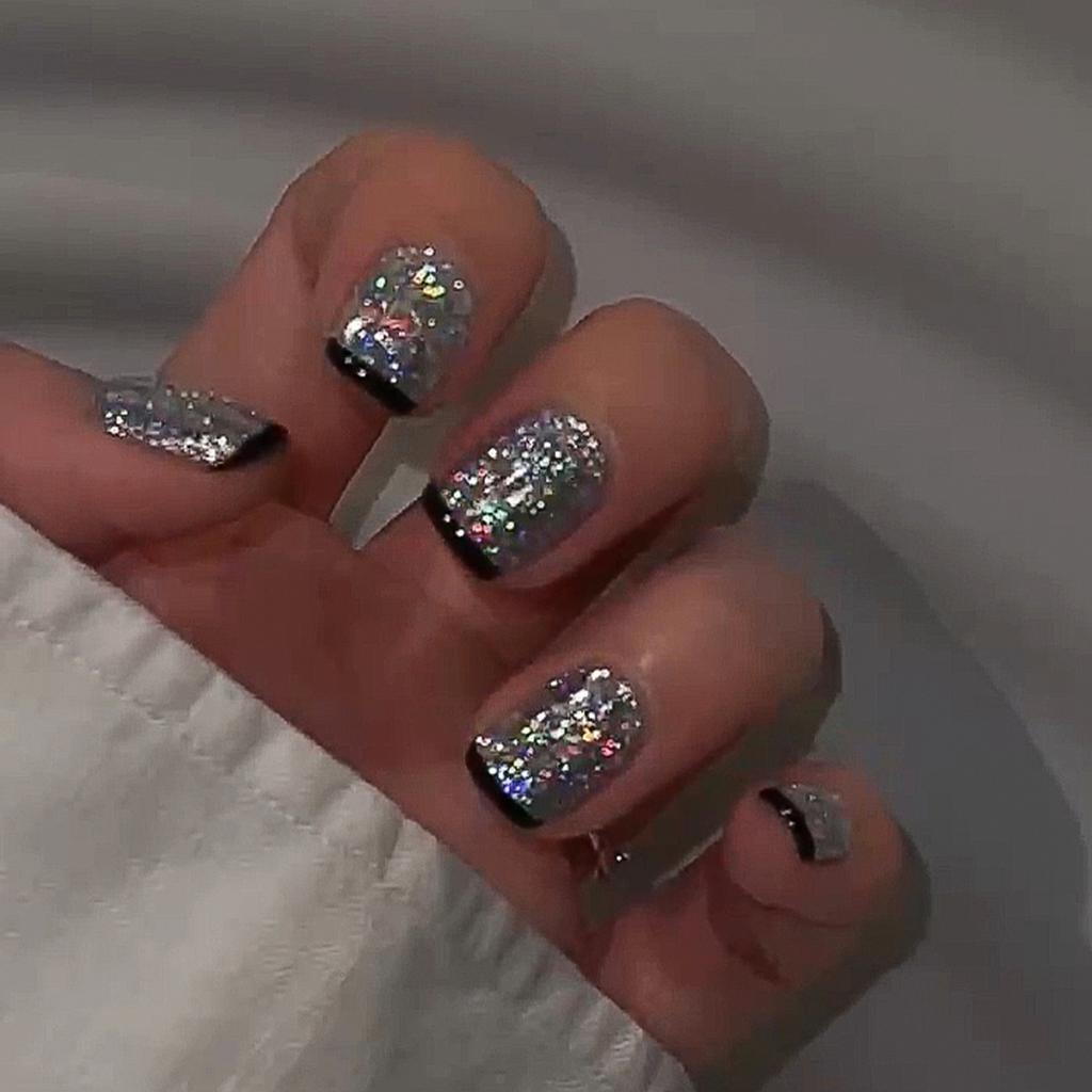 24 Stück Rosa Französische Spitze Kurze Quadratische Falsche Nägel Mit Kleber Glitzer Acryl Vollabdeckung Künstliche Nagelspitzen