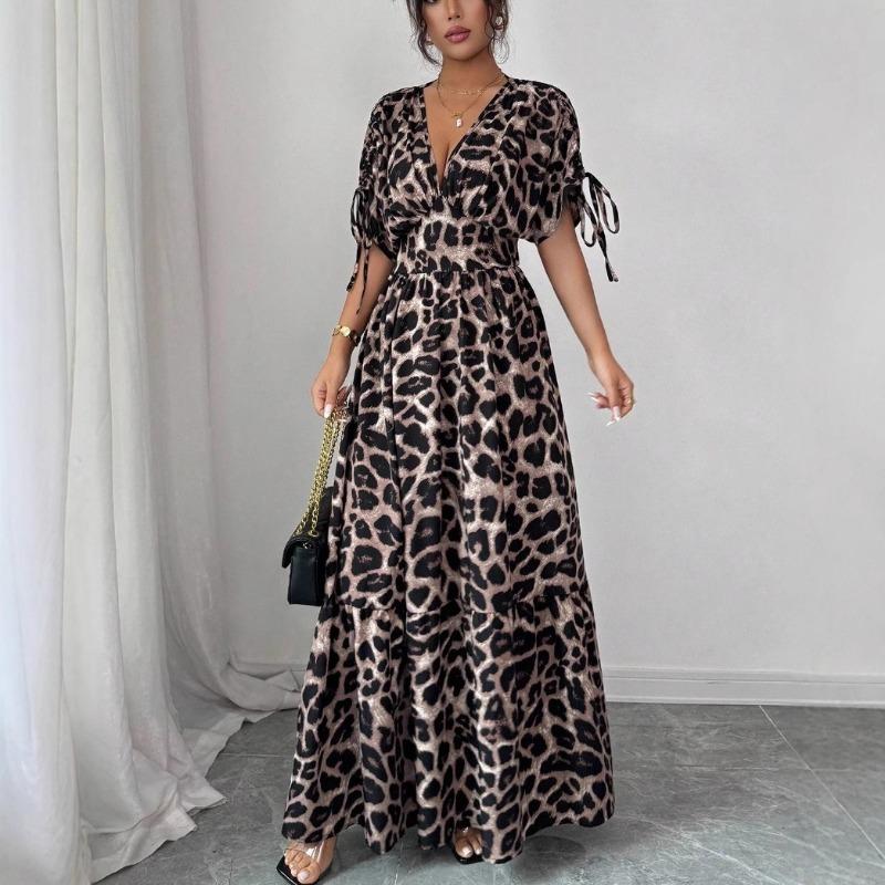 Elegant Leopard Print Deep V-neck Maxi Long Dress Summer Short Sleeve Party Dress A-line Casual Slim Loose Simple Drawstring Waist-cinching Clothes