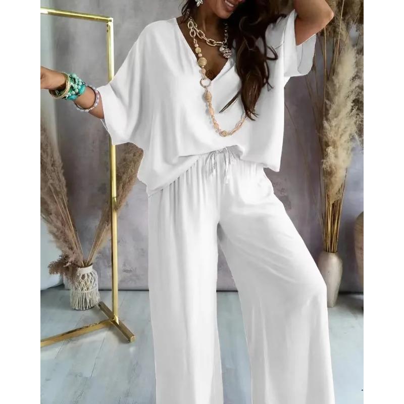 Summer Two Piece Set For Women Long Pant Sets V Neck Bat Sleeve Casual Loose Wide-leg Pants 2 Piece Set Solid Color Outfits