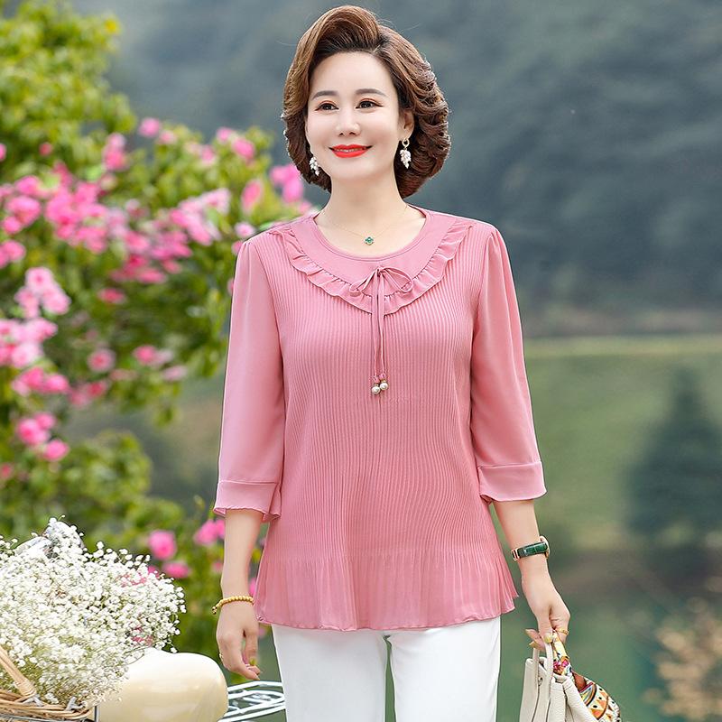 

Женские летние топы с рукавами-оборками три четверти, женская блузка с круглым вырезом, рубашка для мам среднего возраста, свободные однотонные шикарные блузки 3XL