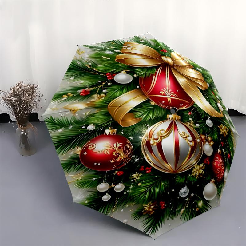 1pc Elegant Christmas Ornaments Pattern Beautiful Looking Automatic Folding Umbrella, 3 Folding, 8 Iron Frame Design, Durable and Suitable for Tr