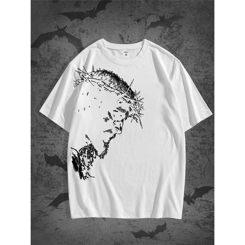 Vintage Jesus Head Print T-Shirt - Distressed Religious Icon Suitable for Church, Study & Casual Wear - Solid Color Round Neck Summer 