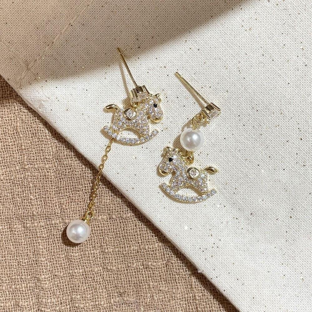 Cartoon Horse New Year Horse Earrings Zircon Horse Mascot Drop Earrings Gold Pony Earrings Women