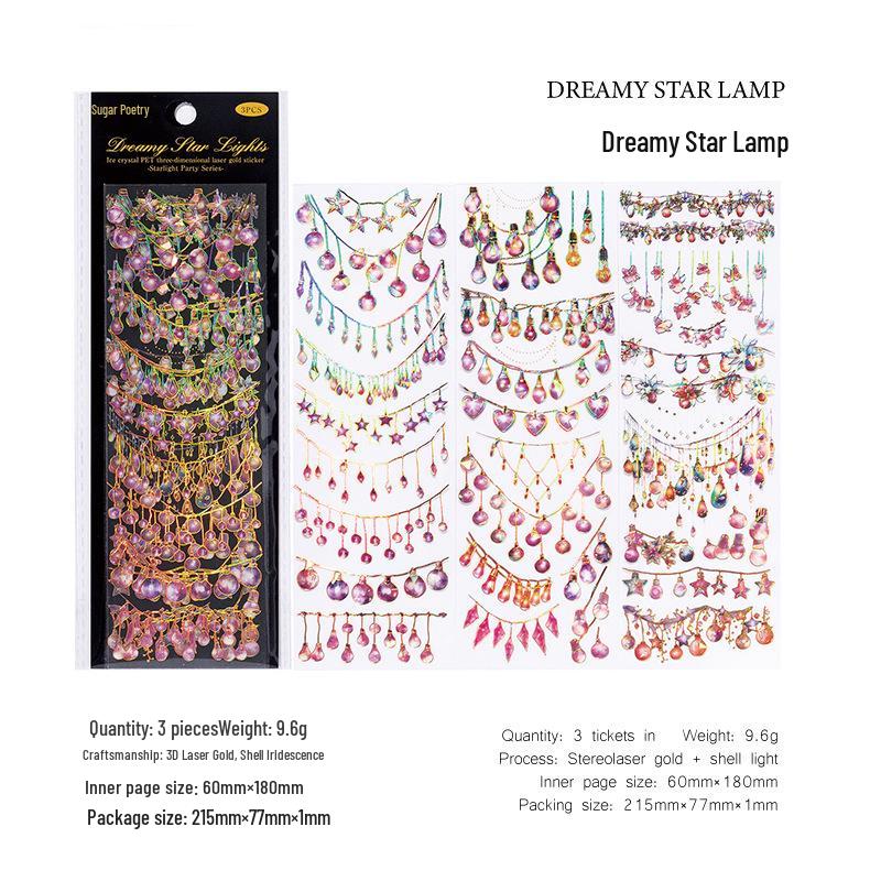 

Sugar Poem Starlight Party 3D Laser Gold Stickers - 3 Ice Crystal Sheets with Lighting Theme
