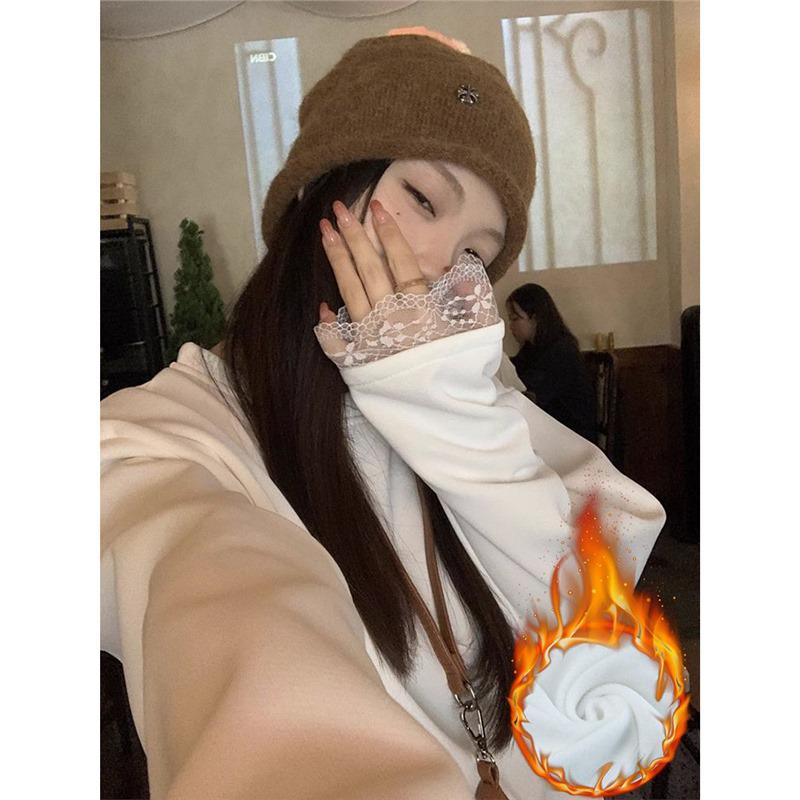 Women's Plus Size Lace Patchwork Long Sleeve Fleece Top for Spring, Autumn, Winter