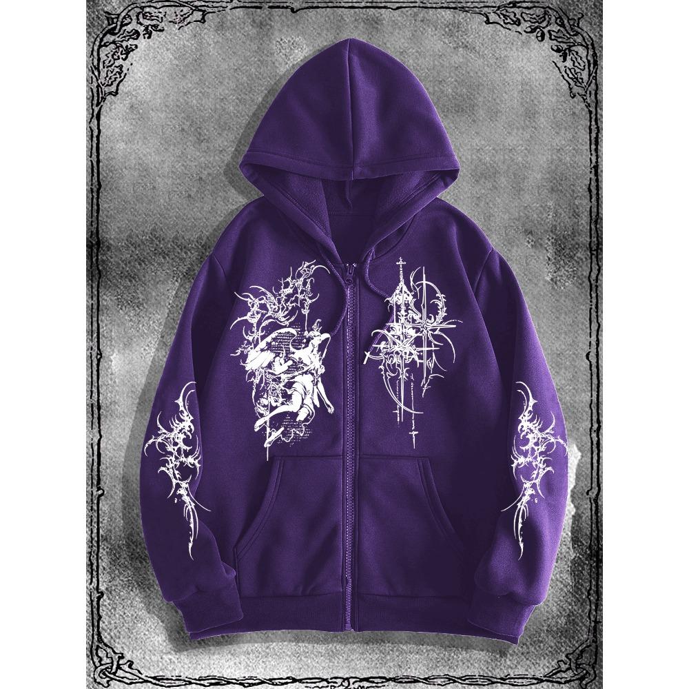 Men's Gothic Angel Dark Printed Zipper Hoodie, Casual Fashion Street Zipper Hoodie, Fashion Clothing Autumn