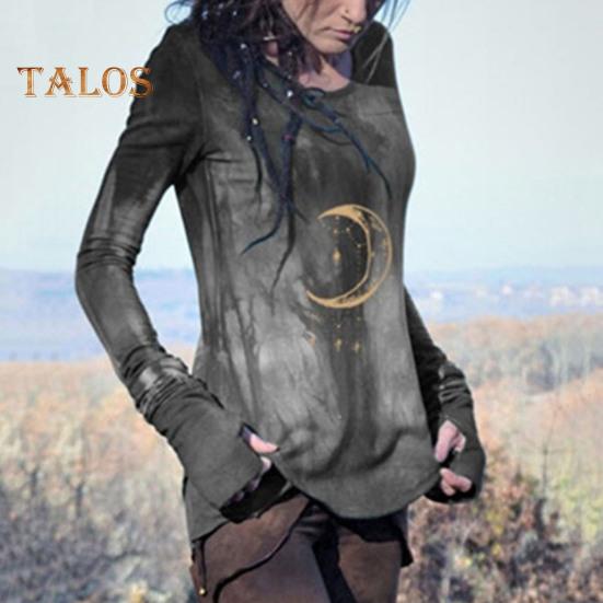 Top da donna Girocollo Manica lunga Maglietta stampata luna Aderente Lunghezza media Elasticizzata Maglietta da indossare tutti i giorni