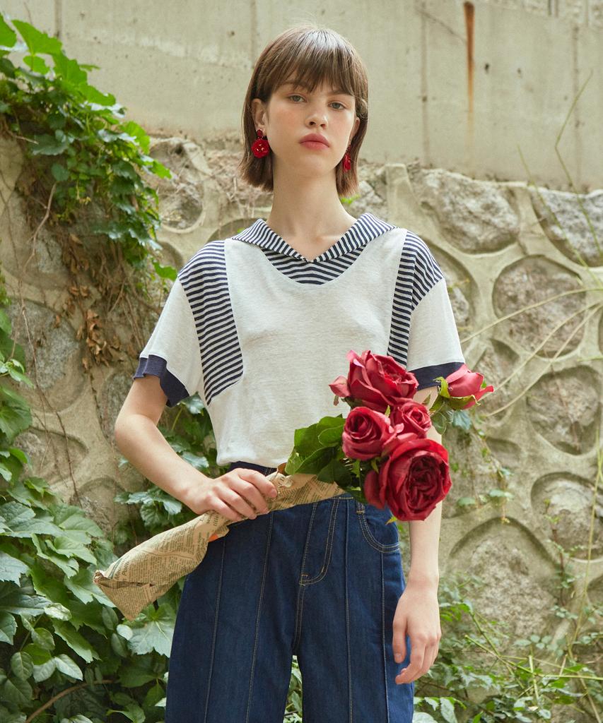 Baitalssain [Line] Stripe Sailor Collar T-Shirt