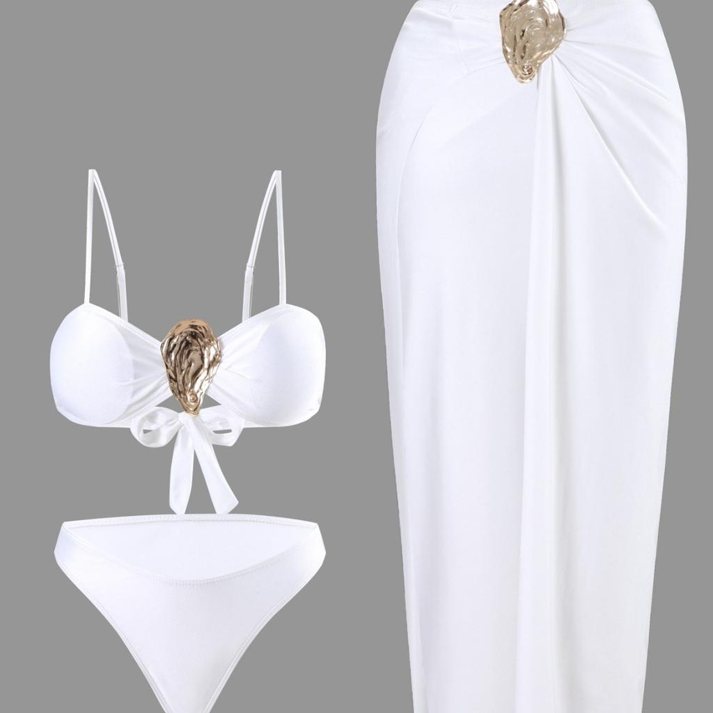 Hot Girl Style Bandeau Two Piece Bikini With Long Skirt Three Piece High Cut Swimsuit Elegant For Vacation