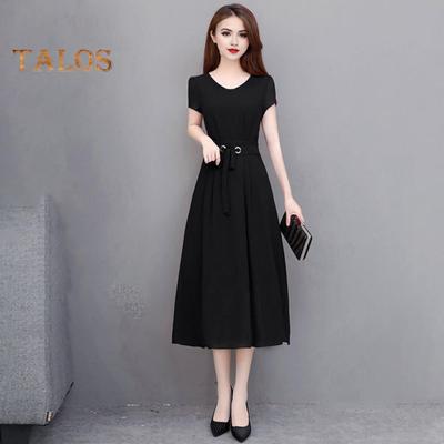 Summer Lady Dress Round Neck A-line Short Sleeves Slim Waist Plus Size Pure Color Slim Fit Mid-calf Length OL Commute Midi Dress