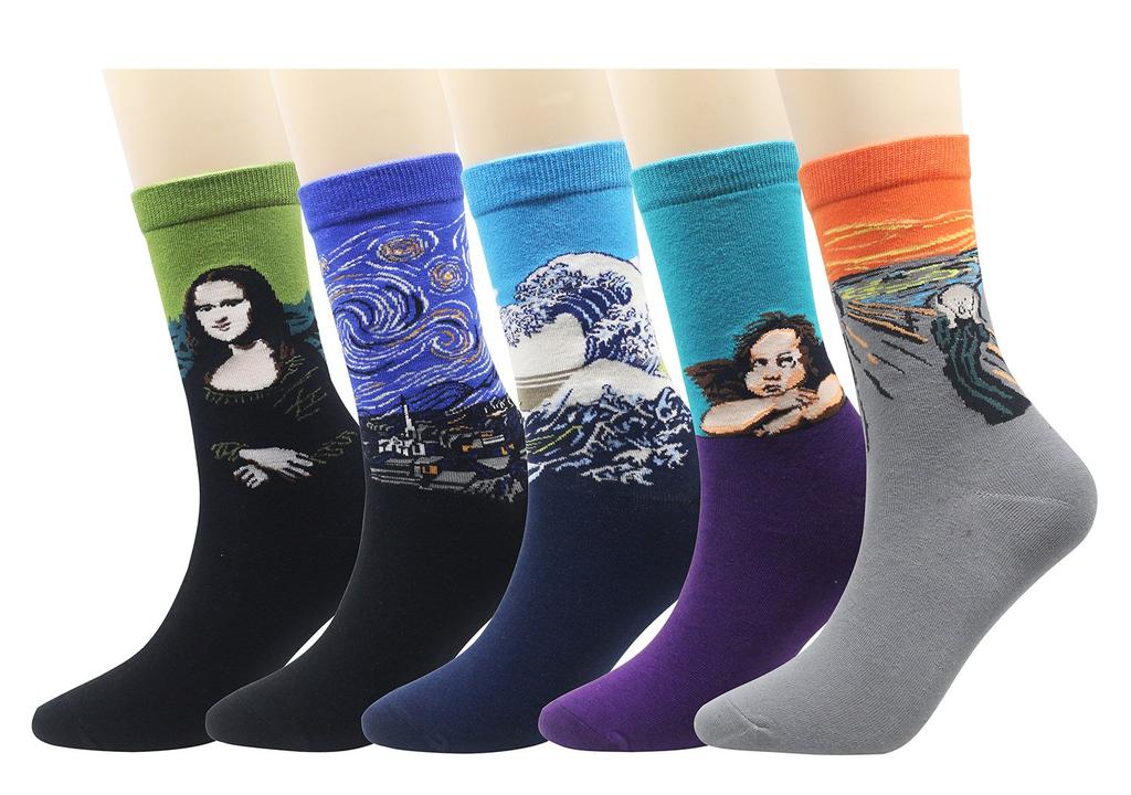 Cansok Cotton Socks featuring Starry Mona and Great Waves Men's 5-Pair Set, Night, Lisa's Smile, Kanagawa's (Famous Paintings)