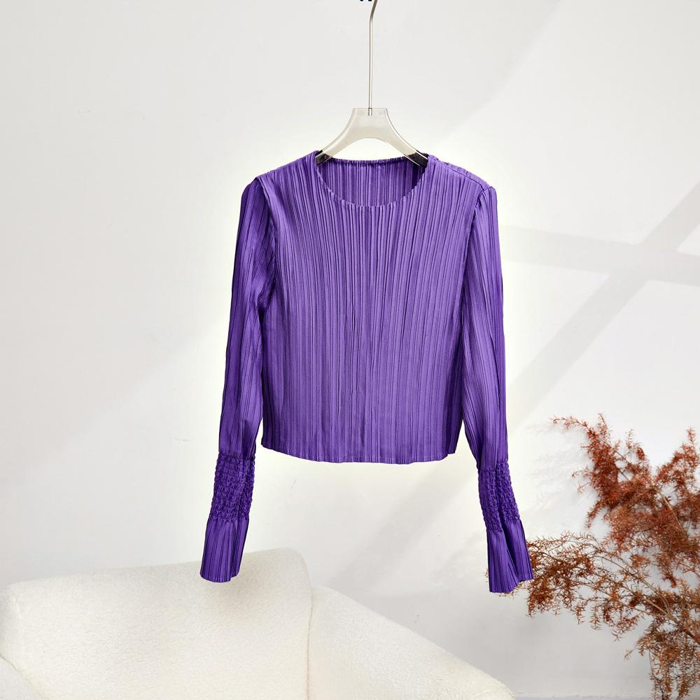 Женский приталенный топ с плиссированными длинными рукавами - Осенний универсальный базовый слой One Size фиолетовый