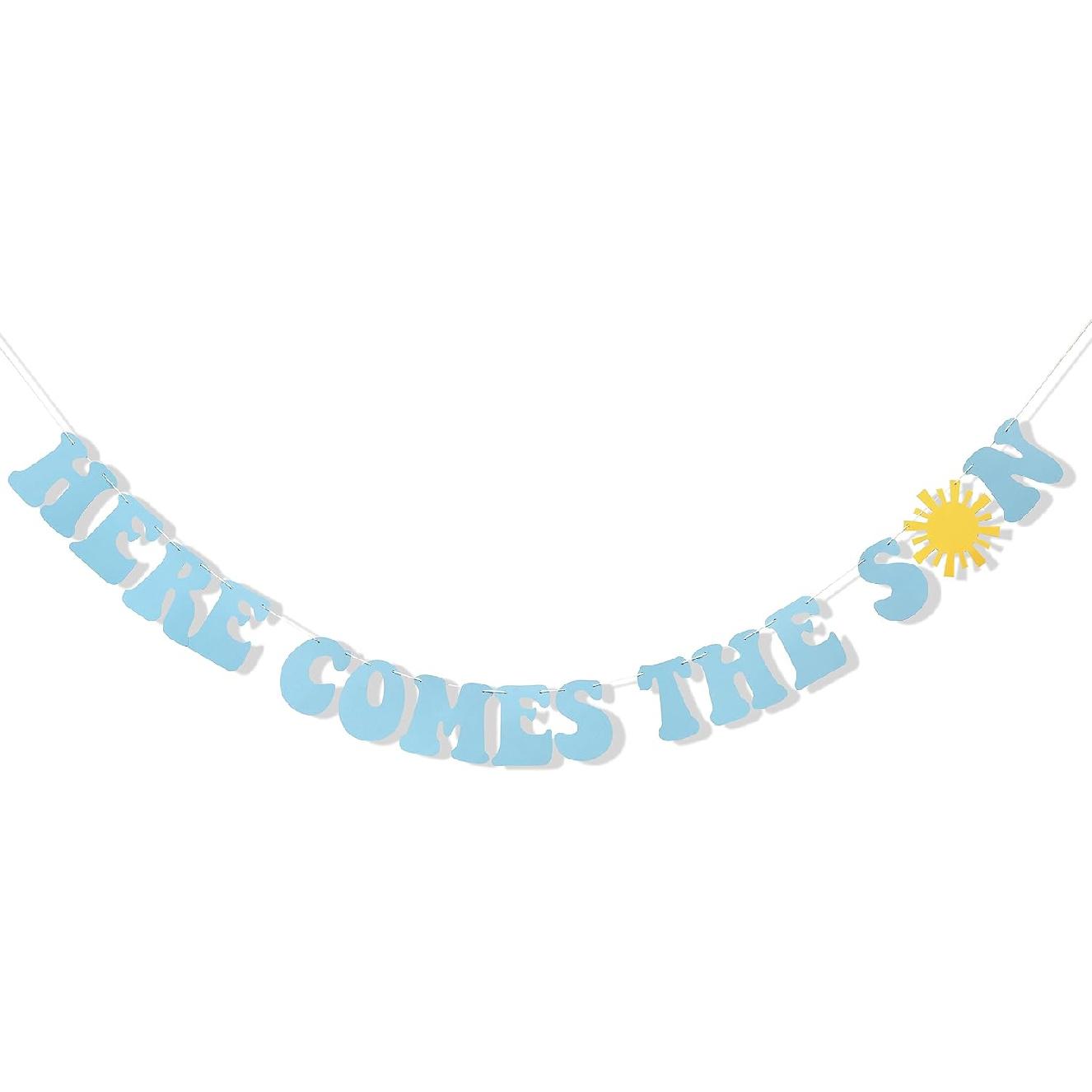 Here Comes The Son Boho Sunshine Banner - Sun, Blue Son Baby Shower Deco, Retro Sun Party BLUE COME SON