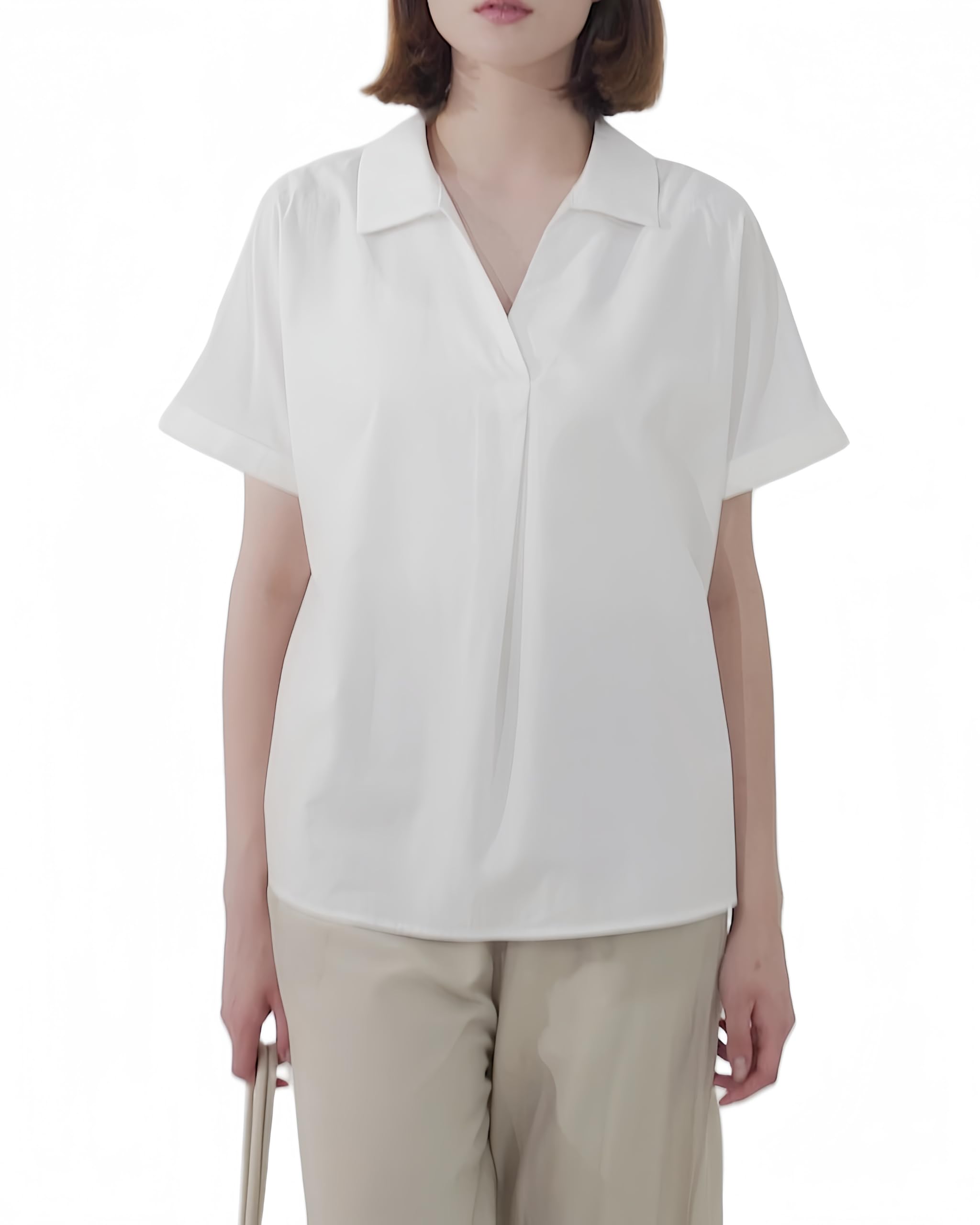 

Блузка-скиппер для короткой свободной открытой офисной повседневной очень большой M [ВЕСЕННИЙ СЕЗОН] женщины, рукав, элегантная, летняя, посадка, воротник, V-образный вырез, рубашка, топ, белый