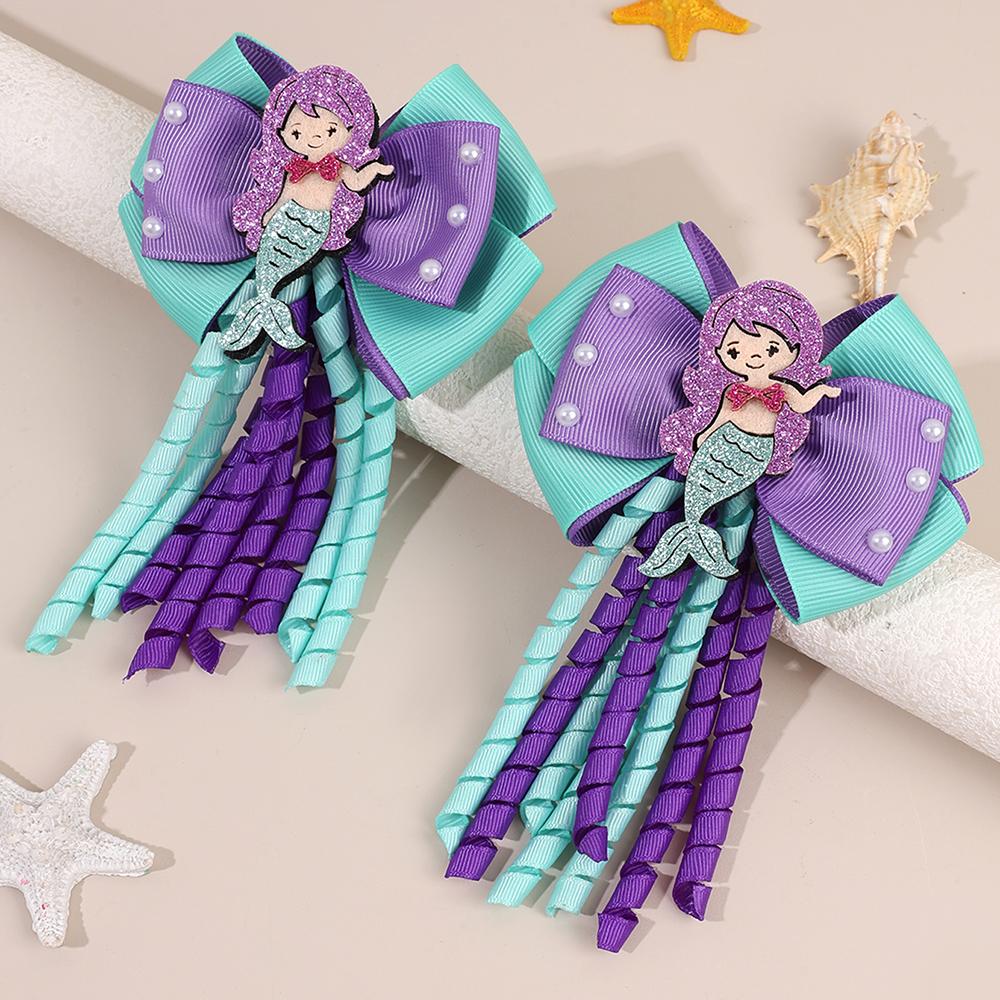2Pcs Girls Mermaid Bow Hair Clips Cute Cartoon Mermaid Pearls Hairpins Octopus Curled Grosgrain Ribbon Barrette Hair Accessories