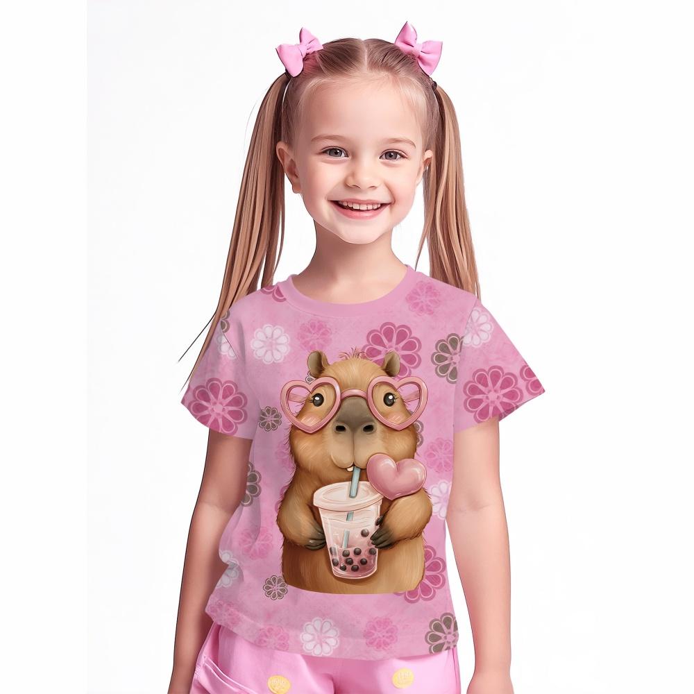 Children's Clothing  Capibala Print Comfortable O-Neck T-Shirt Outdoor Fashion Short Sleeve Children Clothes Girl Tops