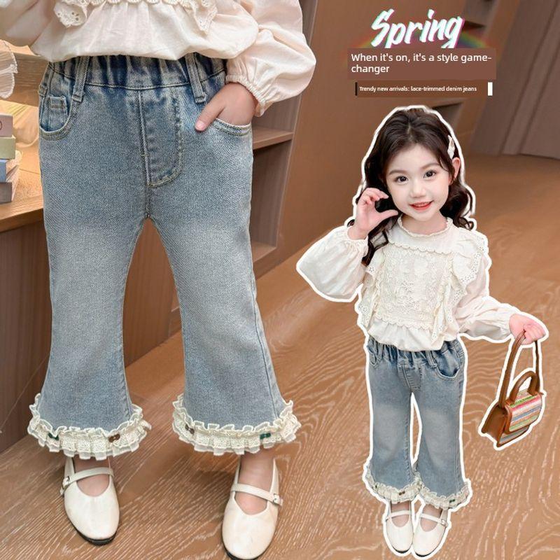 Girls' Lace Flared Pants 2025 Spring and Autumn New Stylish Children's Elastic Loose Versatile Baby Girl Bow Pants