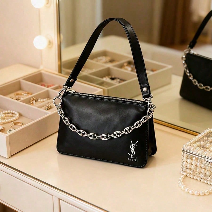 Handmade DIY Black Square Bag, with a Retro and High-end Style, Adorned with Golden Chains and Classic Logo.