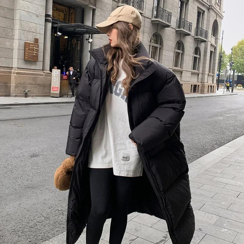 Dámský dlouhý bavlněný kabát Dámská zimní bunda Korejská dámská péřová bunda Volné tlusté dlouhé péřové kabáty Puffer Jacket Ženy