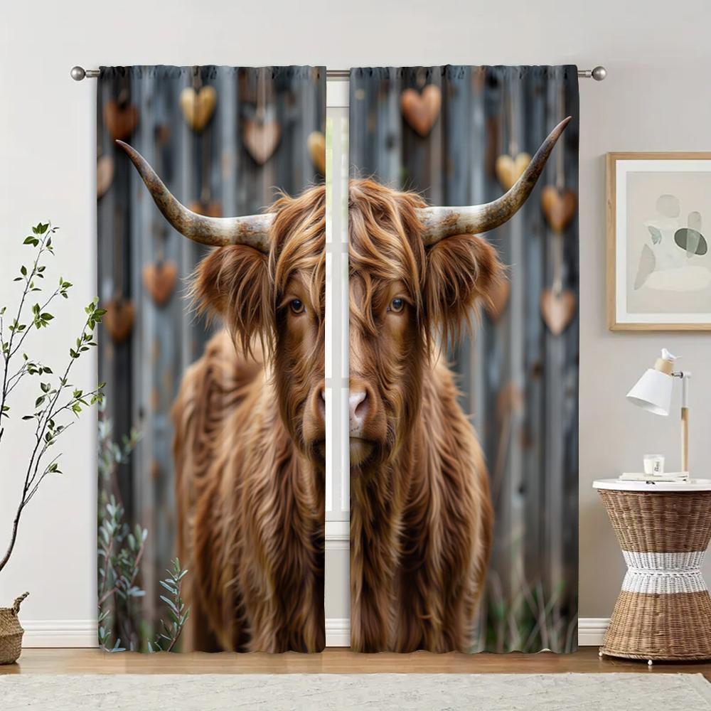 Set Of 2 Filtering Curtains Excluding Rods Non Movable Without Batteries Highland Cow Use Bedrooms Living Rooms Curtain Polyester Ideal For Great Room