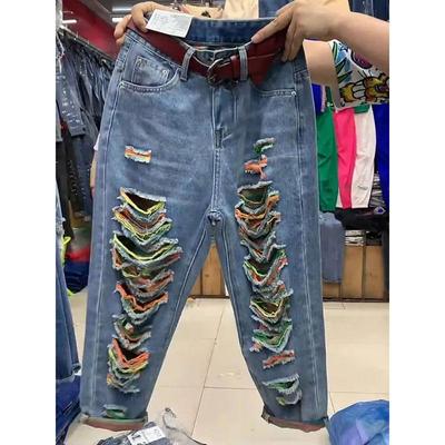 Kadın Düz Silindir Pantolon İlkbahar Delikli Yüksek Belli Bayan Pantolon Çok Yönlü Moda Bol Femme Denim Kısa Pantolon