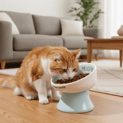 Large Capacity Ceramic Cat Bowl High Footed Not Wet Mouth Anti Spill Pet Bowl Cartoon Pattern Neck Protector Pet Feeding Basin