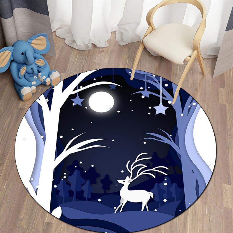Floor Mat Living Room Rug Children's Crawling Play Area Mat Anime Carpet Door Mat Forest Fawn Round Rug