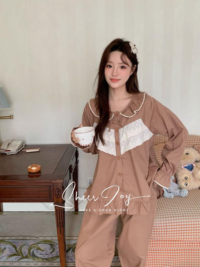 Pure cotton loose and cute long-sleeved trousers lace bow going out spring loungewear suit misty rain sweet dream