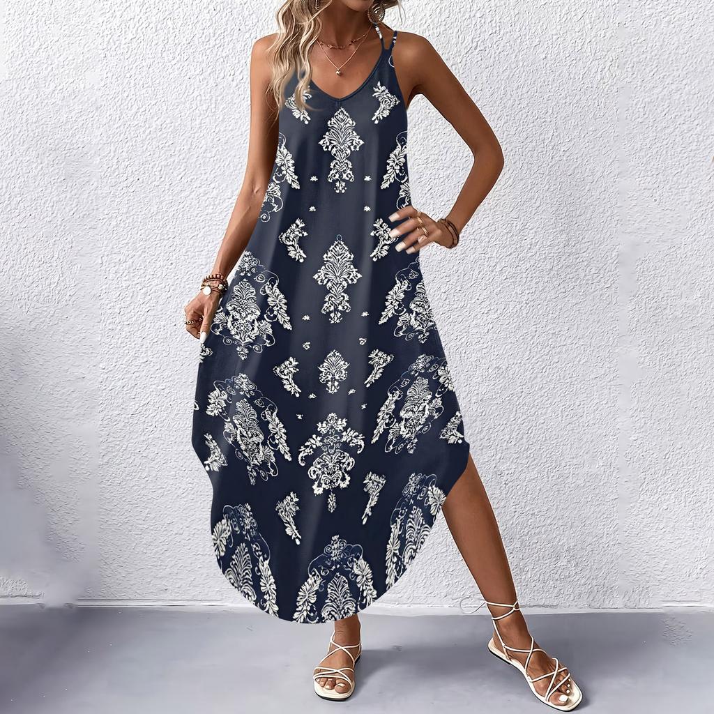 Women V Neck Sleeveless Neck Geometric Floral Print Maxi Dress with Pockets for Casual Beach Holiday Wear