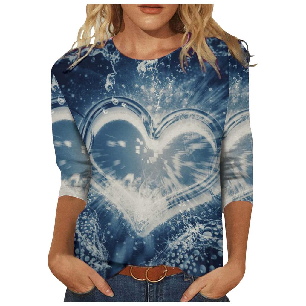Women's Fashion Print Casual Seventh Sleeve Round Neck T-Shirt Top