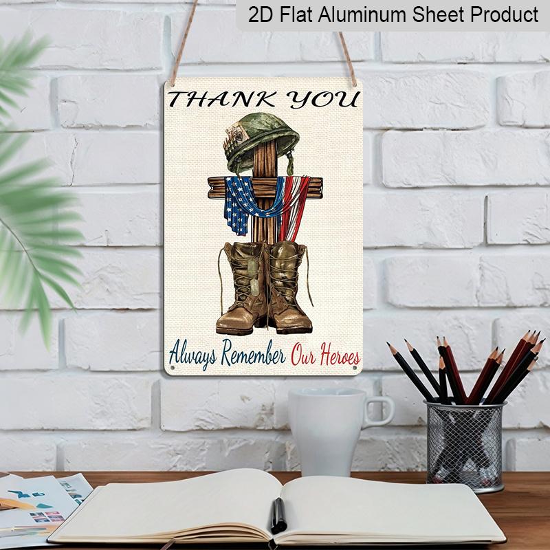 2D Flat Decorative 8×12 Inch Aluminum Plaque Metal Sign | Thank You Always Remember Our Heroes: Fallen Soldier Memorial Cross with US Flag; Honor