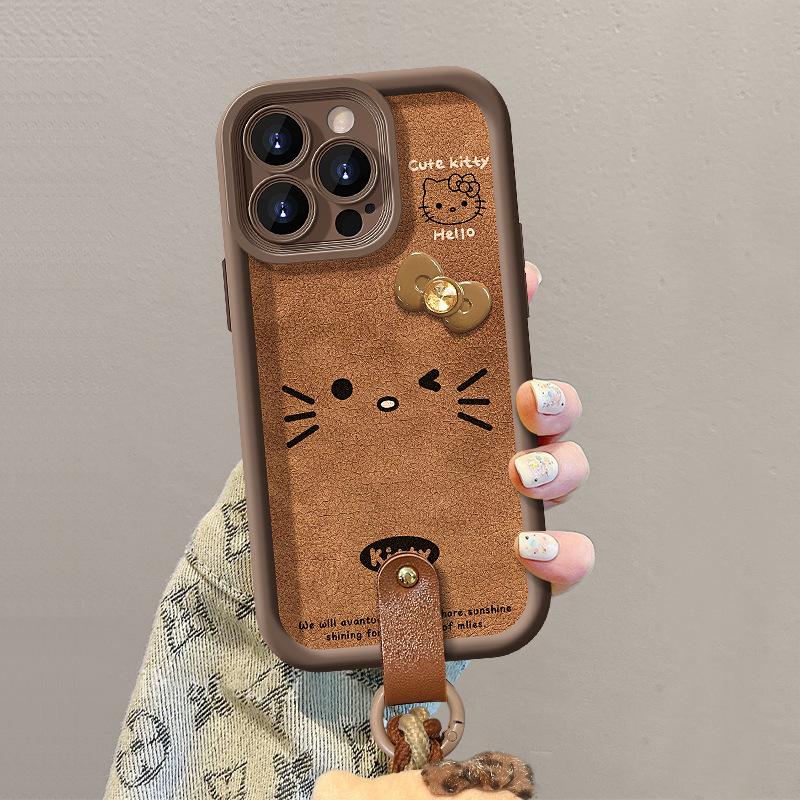 KT Cat Bow Doll Lanyard Suitable for Apple 13PRO Lambskin Mobile Phone Case 14 Fine Hole Anti-drop 12 Retro X