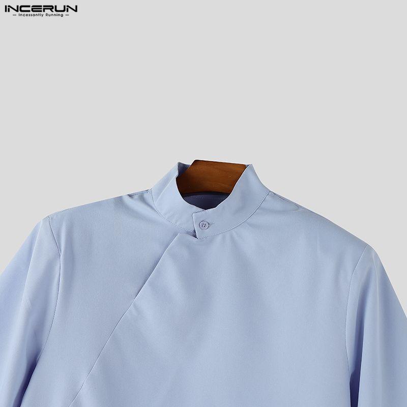 INCERUN Summer Men Stand Neck Short Sleeve  Splits Casual Long T-shirts Tee