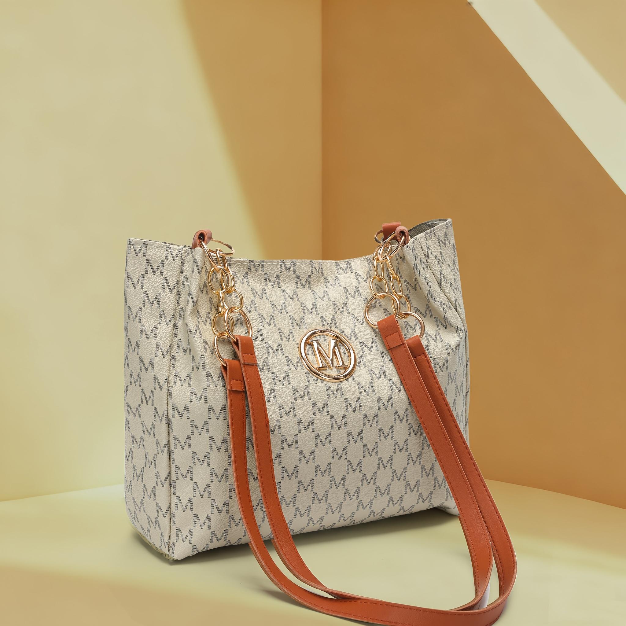 

Women s PU Vintage Character M Print Handbag & Crossbody Bag with M Hardware - Large Capacity Tote, Zipper Closure, Machine Washable Retro Purse