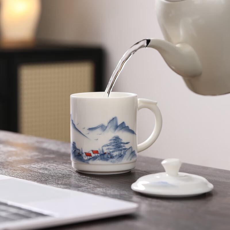 Sushi Hand-painted Mutton Fat Jade Ceramic Mug with Lid