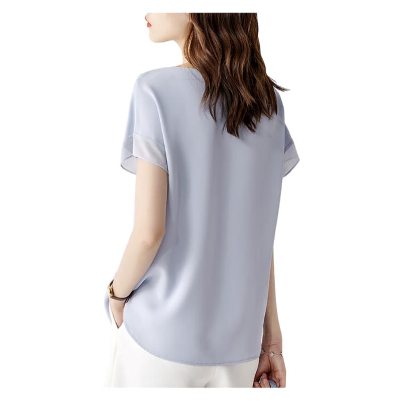Sentubila Spliced Short-Sleeve Chiffon Blouse for Women