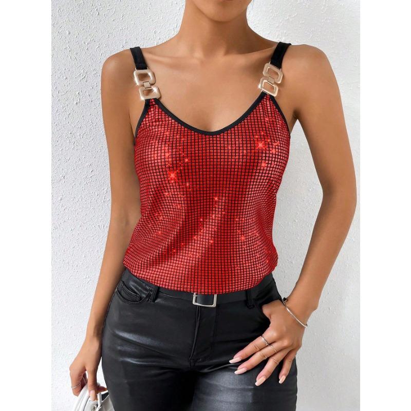 Top Cami da Donna Scollo a V in Rete con Paillettes e Cinturino con Fibbia Metallica per Festa Nightclub Blusa Senza Maniche Monocolore