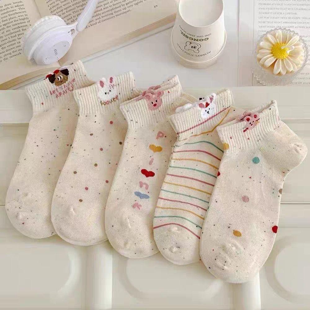 5 Pairs/Set Rabbit Embroidered Printing Women Short Socks Cat Pattern Cotton Socks  Women's Girl's
