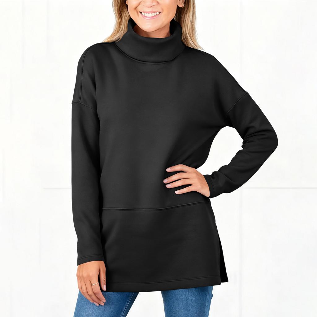 Women's Solid Color Slit Round Neck Sweatshirt Casual Top Loose Long Sleeved Top