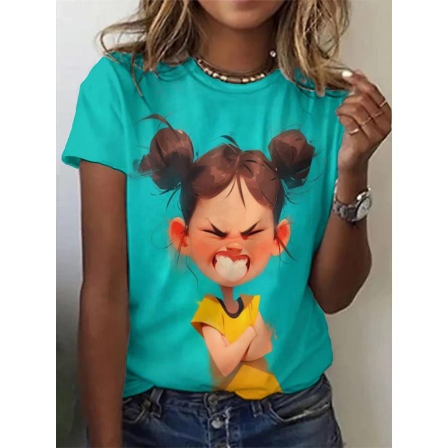 Abstract cartoon character pattern printed round neck T-shirt summer casual fashion short sleeved top women's clothing