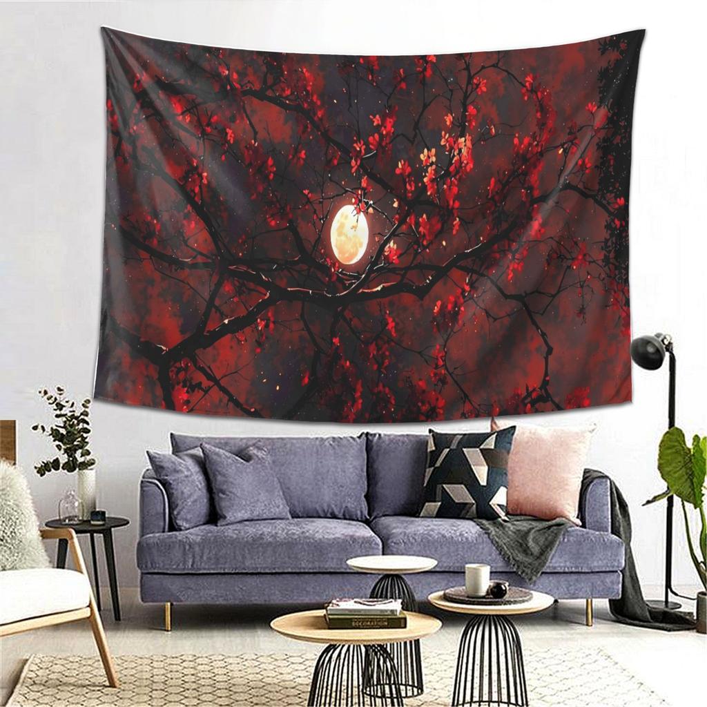 Mystical Red Blossom Tree Tapestry Full MoonStarry Sky Intricate Branches for Enchanting and Atmospheric Home Decor Wall Art