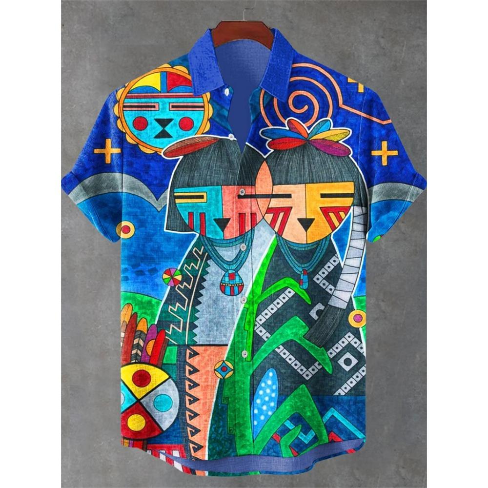 Nuova Camicia da Uomo a Maniche Corte Stile Etnico Vintage Stampa Artistica di Pavone Geometrica 3D Camicia Casual in Lino