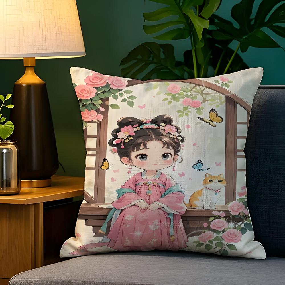 Eastern Aesthetics China Costume Girl 1 Pillow Case Natural Linen Pillow Case Double-Sided Decor Sofa Pillowcase Home Decor