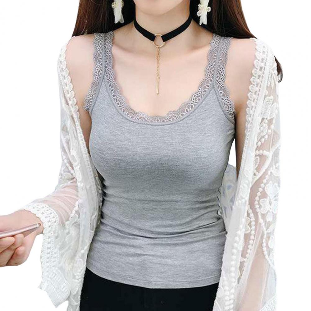 Women Summer Thin Vest U-Neck Sleeveless Slim Fit Tank Tops Single Color Lace Trimmed Camisole Streetwear
